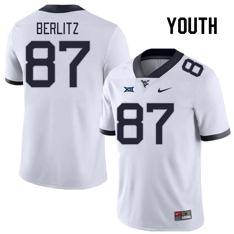 Youth #87 Derek Berlitz West Virginia Mountaineers College Football Jerseys Stitched Sale-White - Click Image to Close